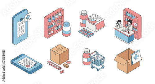 Isometric pharmacy elements: medicine, online prescription, shopping cart, delivery boxes