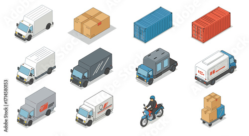 Isometric delivery trucks and shipping containers with motorcycle courier illustration