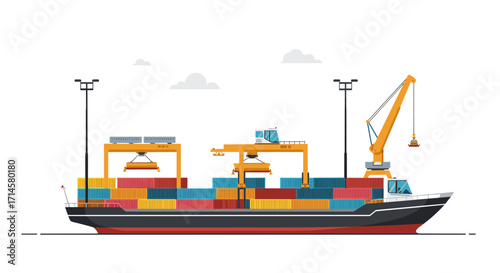 Cargo ship with containers and crane in modern flat design with cloudy sky