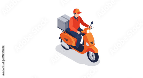 Isometric delivery worker on scooter with box for fast urban transport