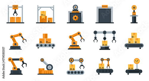 Industrial automation elements and warehouse robots in flat design