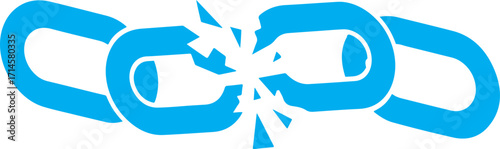Broken link sign.Broken chain silhouette.Vector art of a blue icon of a broken chain link.Solid black icon of broken chain link symbolizing link failure.