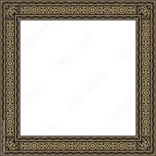 Vector golden and black square Yakut ornament. An endless rectangular border, a frame of the northern peoples of the Far East.