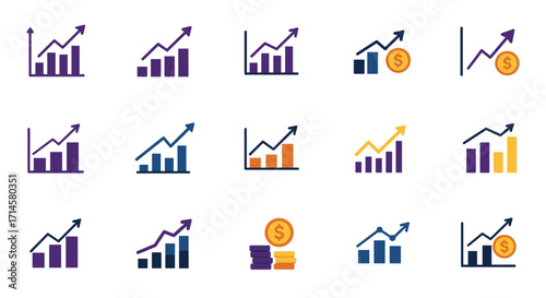 Colorful icon set of rising graphs and coin symbols for financial growth