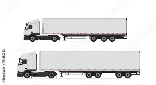 Commercial cargo trucks side view with trailers for transport logistics