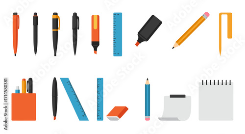 Colorful office supplies: pens, pencils, and stationery essentials in flat design
