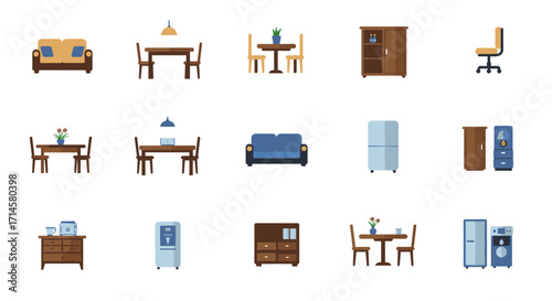 Flat style home furniture and appliances collection