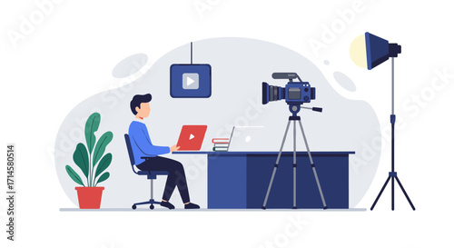 Content creator filming in home studio with camera and lighting