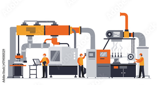 Modern factory automation process with industrial equipment and engineers