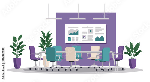 Modern office conference room with contemporary furniture and green plants