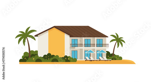 Tropical beach house with palm trees and sun loungers on a sunny day