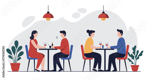 Cozy cafe date night with couples dining under warm lighting