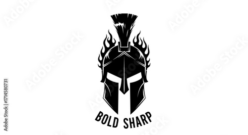 A striking black and white graphic illustration of a Spartan helmet with flames emanating from the crest, featuring the words "BOLD SHARP" below.