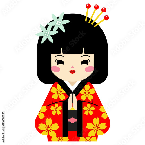 Japanese doll in traditional kimono with floral patterns.