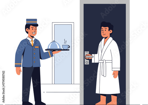 Hotel bellhop delivering room service food and beverage to a guest in a robe