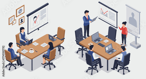 Isometric office meeting with video conference and presentation setup