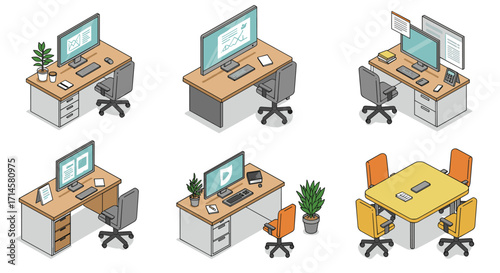 Isometric office workspace set: modern desks with computers, chairs, and plants