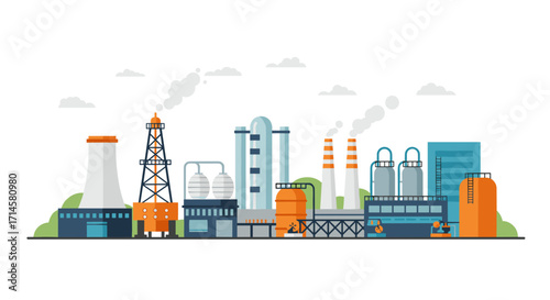Modern flat industrial facility with smokestacks and storage tanks