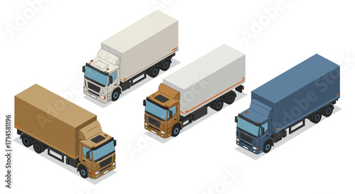 Isometric cargo trucks collection in varied colors and perspectives for logistics design