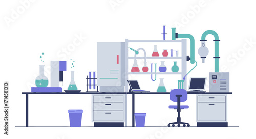 Modern science laboratory with equipment and chemicals in flat design