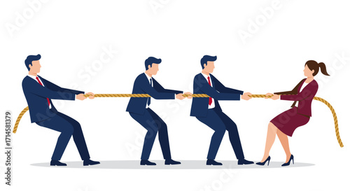 Business teamwork tug of war with three men and one woman in formal attire