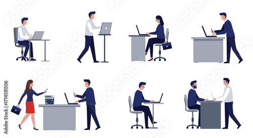 Professional office workers engaged in various tasks in modern workplace