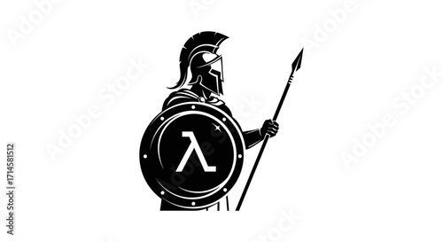 A black and white illustration of a Spartan warrior holding a spear and a shield with the lambda symbol on it.