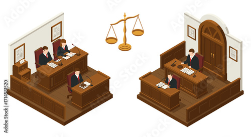 Isometric courtroom scene with lawyers and judge: legal and judicial themes
