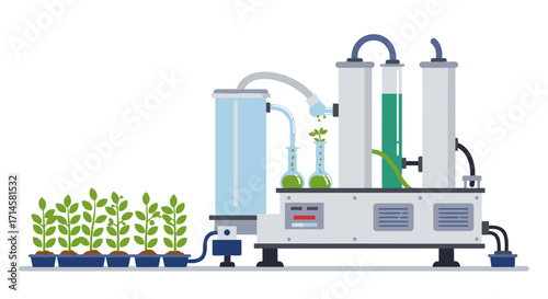 Modern flat style hydroponics system with laboratory glassware and plants