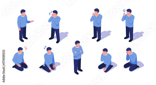 Diverse male characters showcasing emotions in isometric style