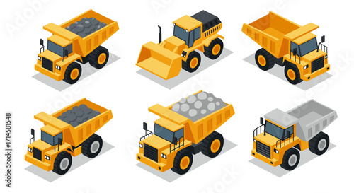 Isometric yellow construction vehicles collection: dump trucks and loaders