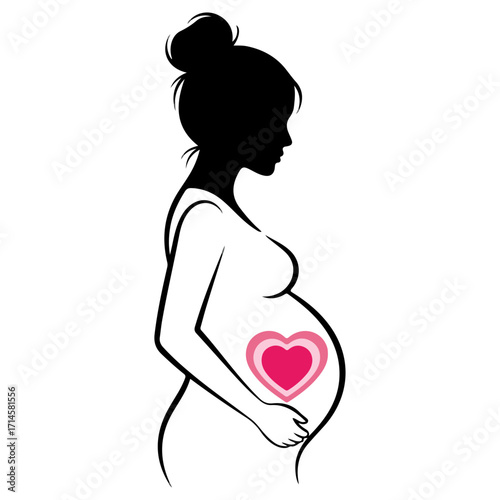 Pregnant woman silhouette with a heart symbol on her belly.