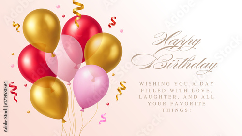 3d  Balloon Happy Birthday Day Girl Party Pink Gold Element Gift Ball Balloons Icon Vector Invitation Card