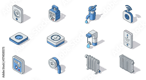 Isometric smart home devices: water meters, plugs, thermostats, and tech