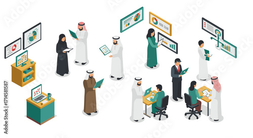 Diverse office team in isometric design analyzing business data and charts