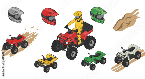 Isometric off-road adventure with colorful all-terrain vehicles and helmets