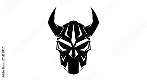 A striking black and white illustration of a menacing horned mask with tribal markings.