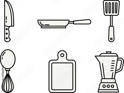 Collection of simple line art kitchen utensils and appliances on a light background