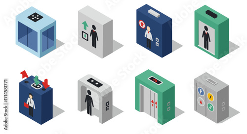 Isometric elevator and security icons set with modern designs