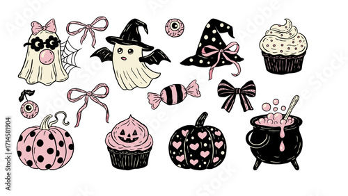 Retro Halloween Vintage Whimsical Clipart Spooky Print Set With Ghost, Pumpkin, Cupcake, Eyeball, Witch Hat And Cauldron