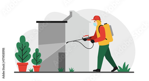 Gardener spraying pesticide flat design with protective gear near modern house