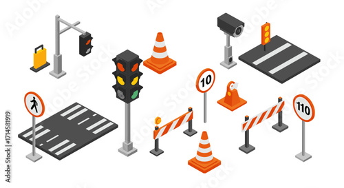 Isometric traffic icon set featuring road signs, cones, and signals for urban planning