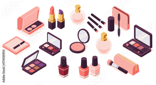 Isometric makeup essentials with lipsticks, palettes, and brushes for beauty lovers