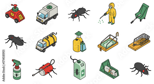 Pest control equipment and insects: isometric icons for effective management