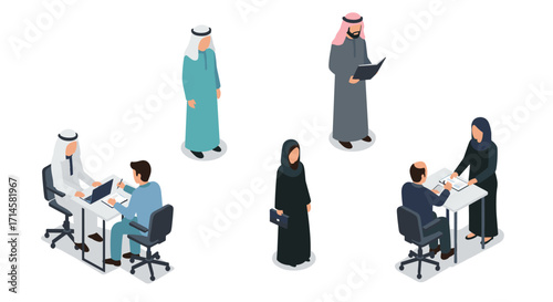 Isometric arab business people meeting and networking in office setting