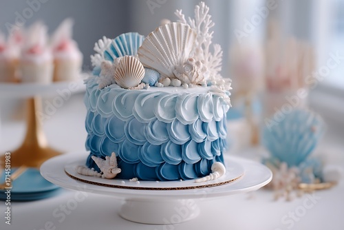 An elegant ocean-themed birthday featuring a cake with ombre blue waves and seashell decorations, perfect for an underwater adventure