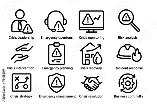 Business crisis management and emergency response icons set