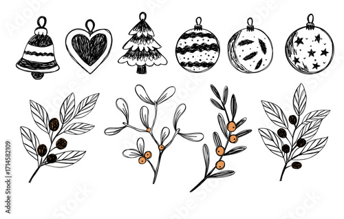 Doodle Sketch Retro Christmas Holiday Floral Set Vector With Ornament Ball, Mistletoe, Tree, Bell And Leaves