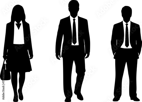three black silhouettes of people, minimalist, simple, icon style, flat design, high contrast, white background, vector graphics 