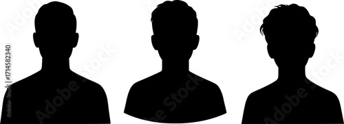 three black silhouettes of people, minimalist, simple, icon style, flat design, high contrast, white background, vector graphics 